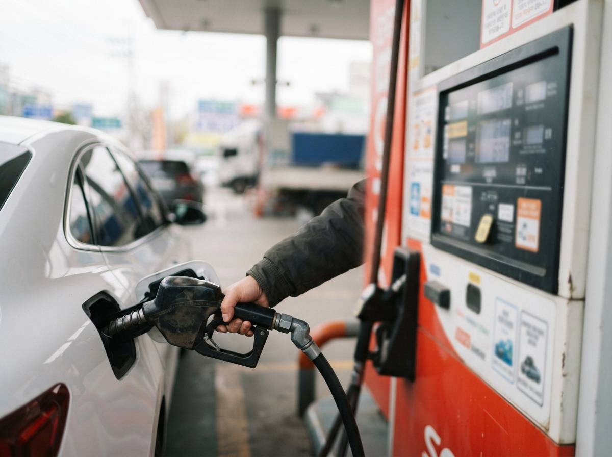 A close up of a fuel pump nozzle refueling a car at a South Korean gas station.