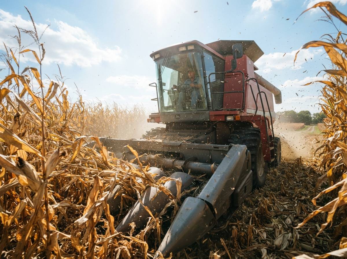A combine harvester cuts through a dense corn field under bright midday sun with dust visible in the air.