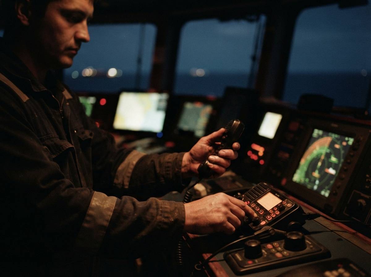 A crew member operates radio equipment on a tanker's bridge at night.
