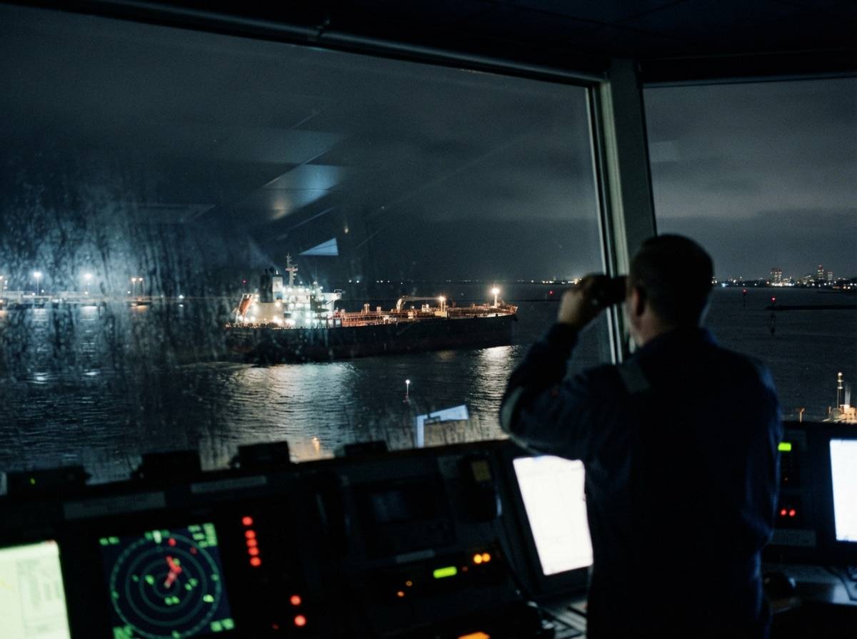 A crude oil tanker illuminated by its own deck lights against a dark night sea.