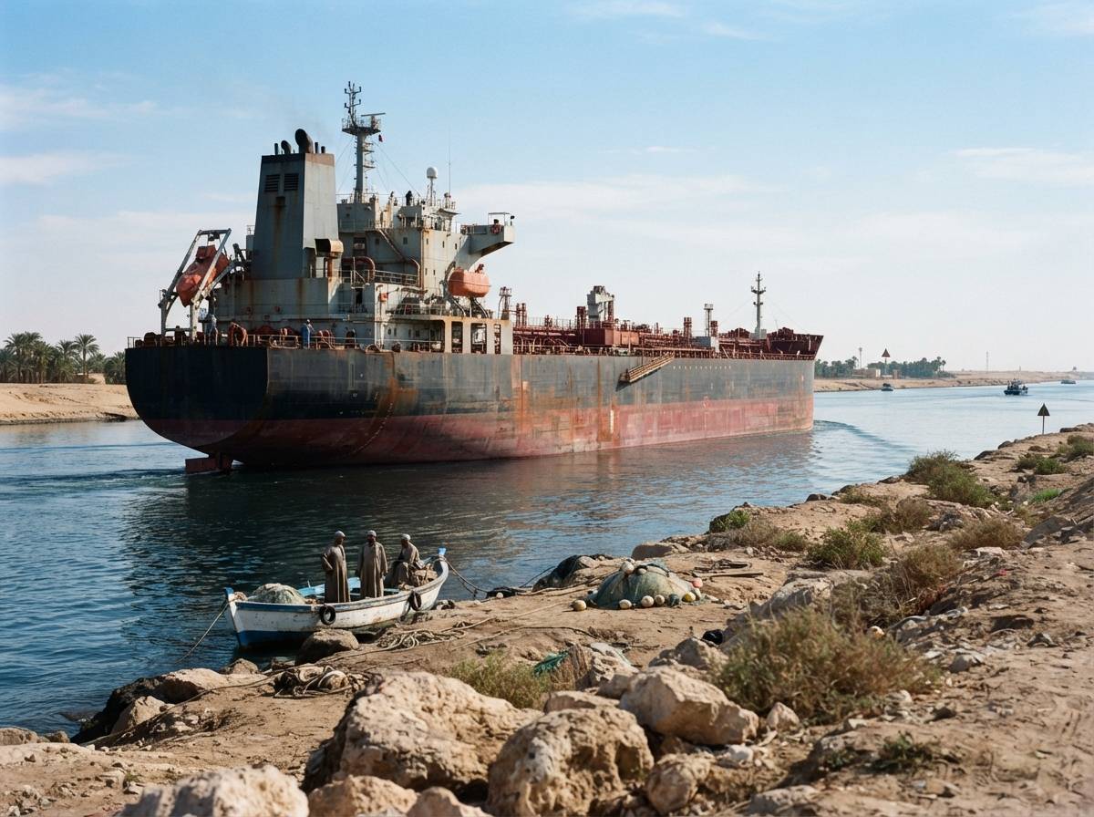 A crude tanker passing through the Suez Canal.