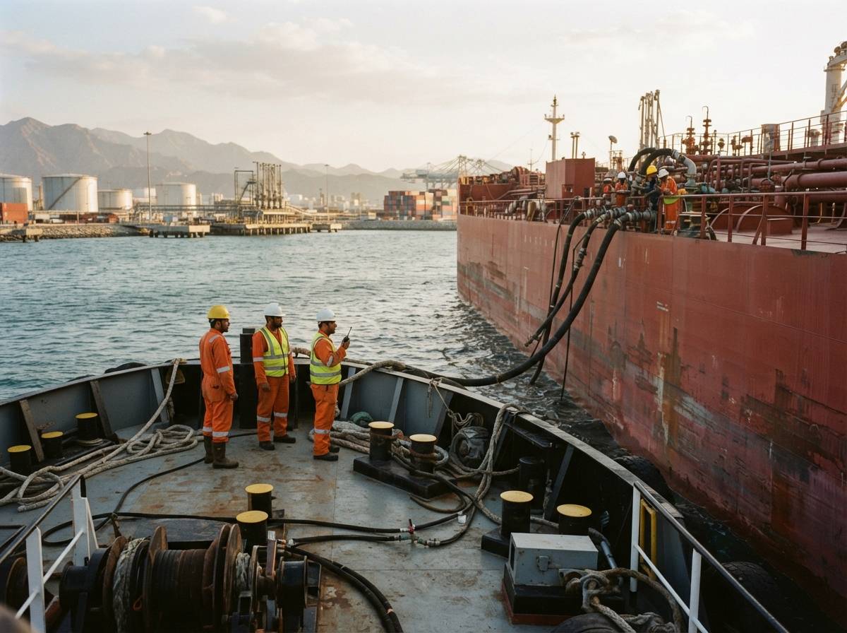 A crude tanker transfer is observed from a working vessel near Sohar, Oman.