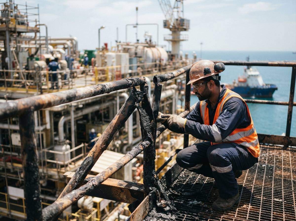 A damaged section of an offshore oil platform in Kuwait with a worker in a safety vest inspecting scorched metal railings.