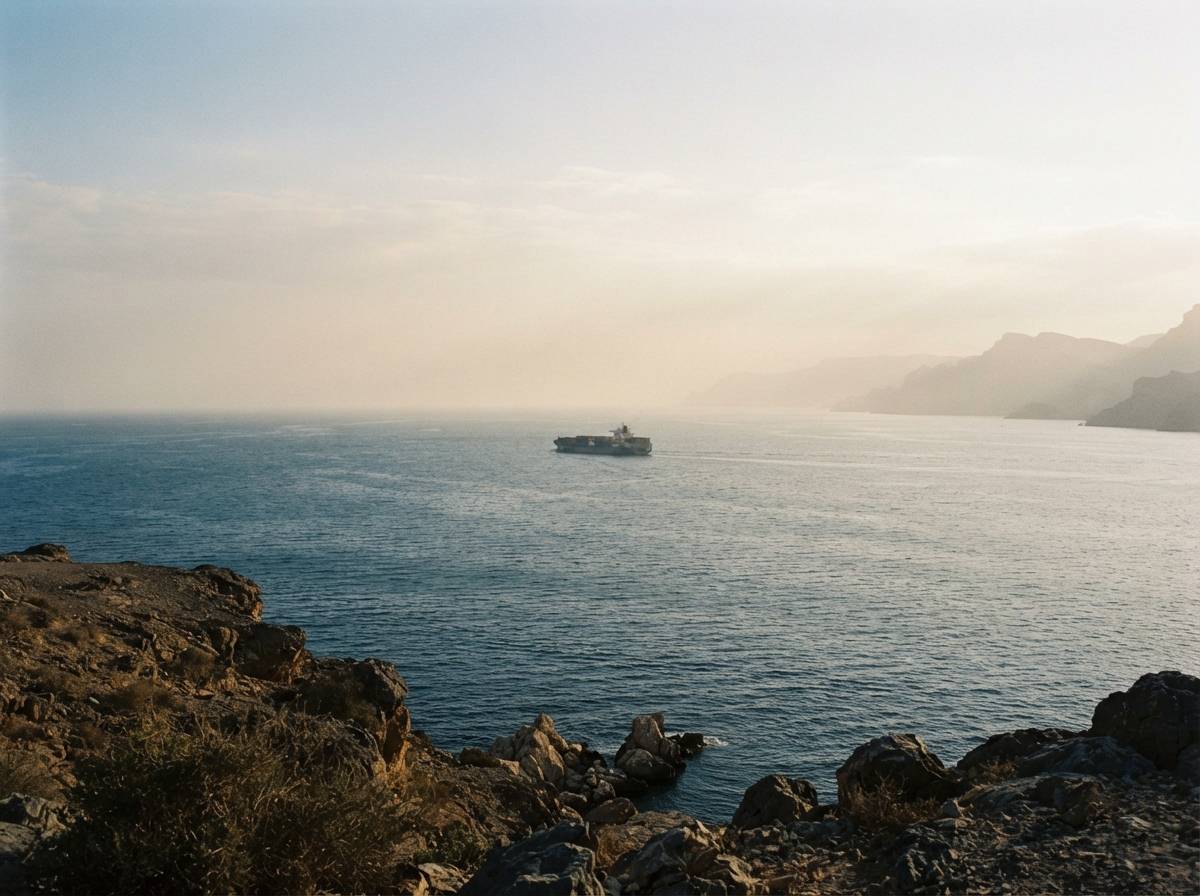 A distant cargo vessel crosses the Strait of Hormuz in late afternoon.
