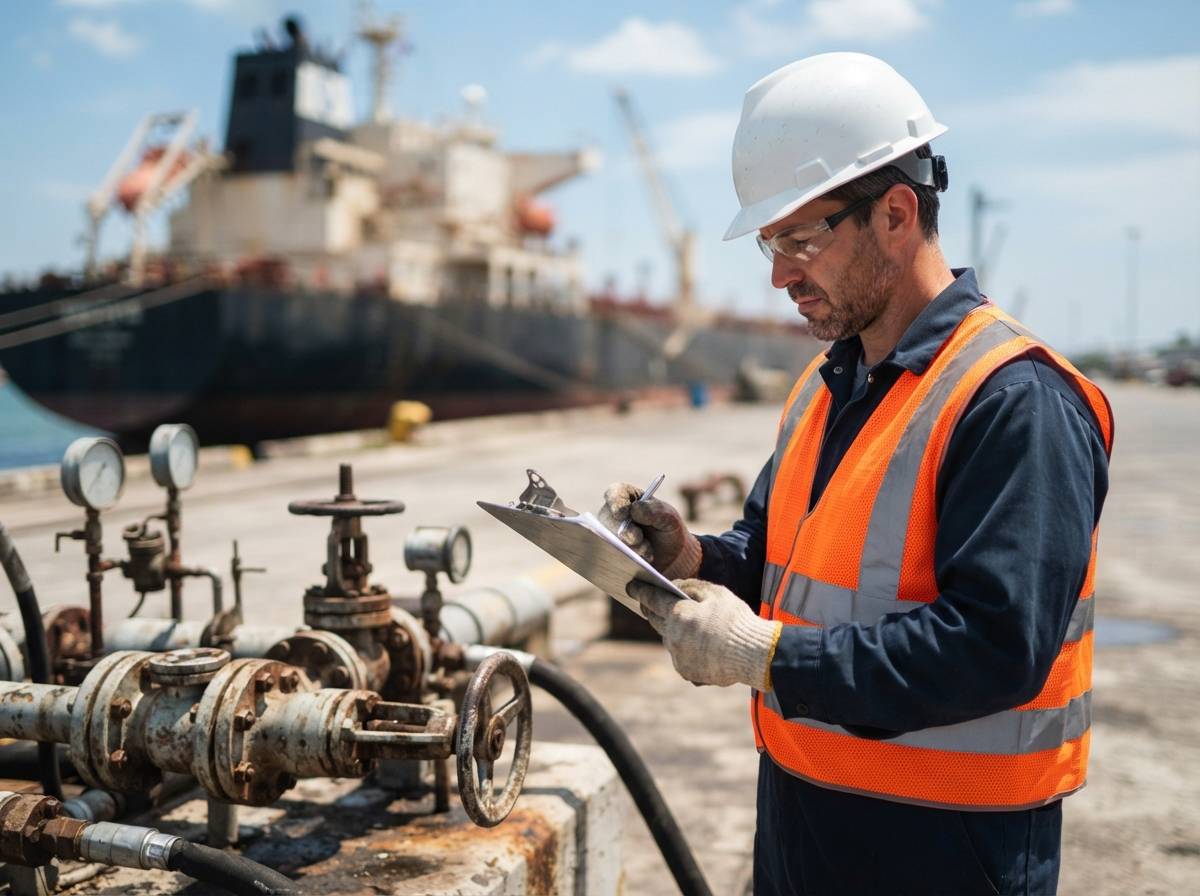 A dock worker inspects pipeline valves near an oil tanker at a loading terminal.