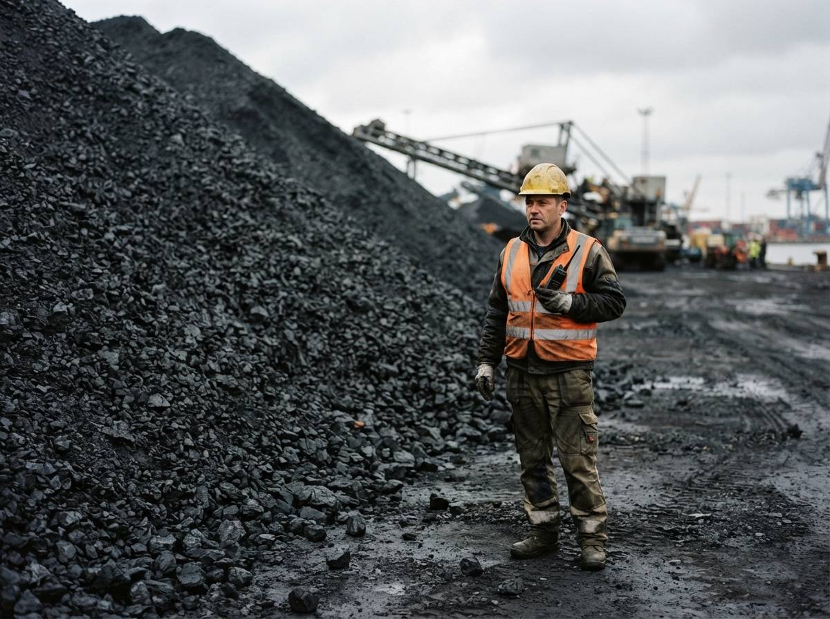 A dockworker in safety gear stands near a large pile of coal at a shipping terminal.
