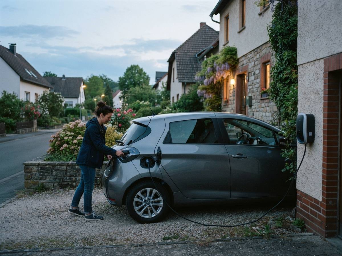 A driver connects an electric car to a home charger in a European driveway.