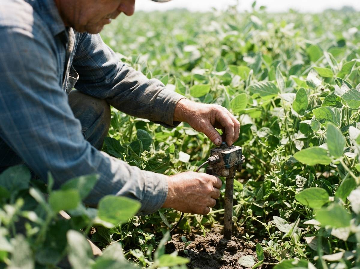 A farm worker adjusts an irrigation sensor among rows of soybean plants.