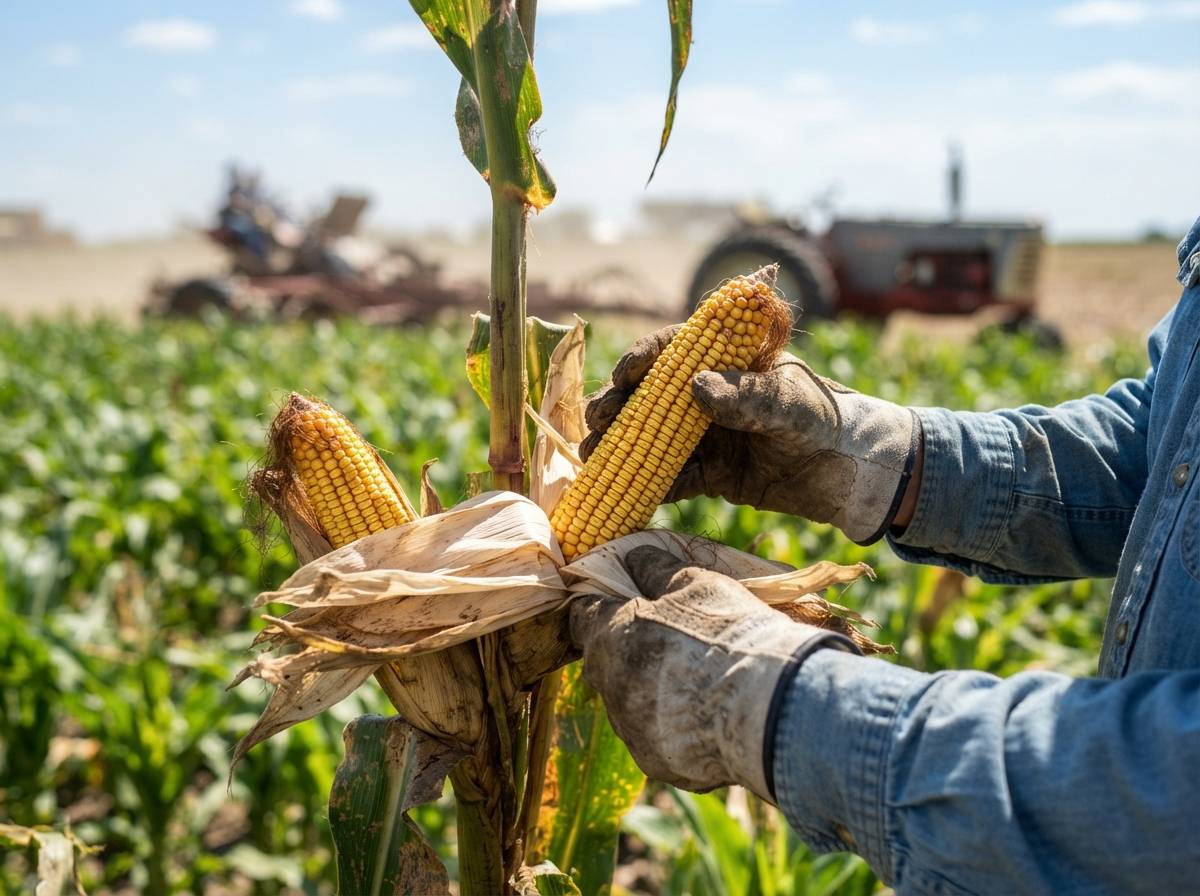 A farmer closely examines ripe ears of corn still attached to the stalk in a sunlit field.