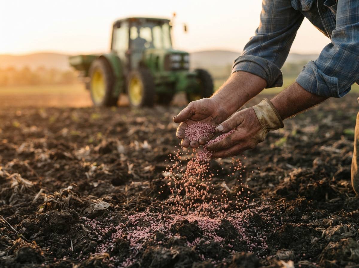 A farmer spreads granular potash fertilizer by hand over freshly tilled soil.