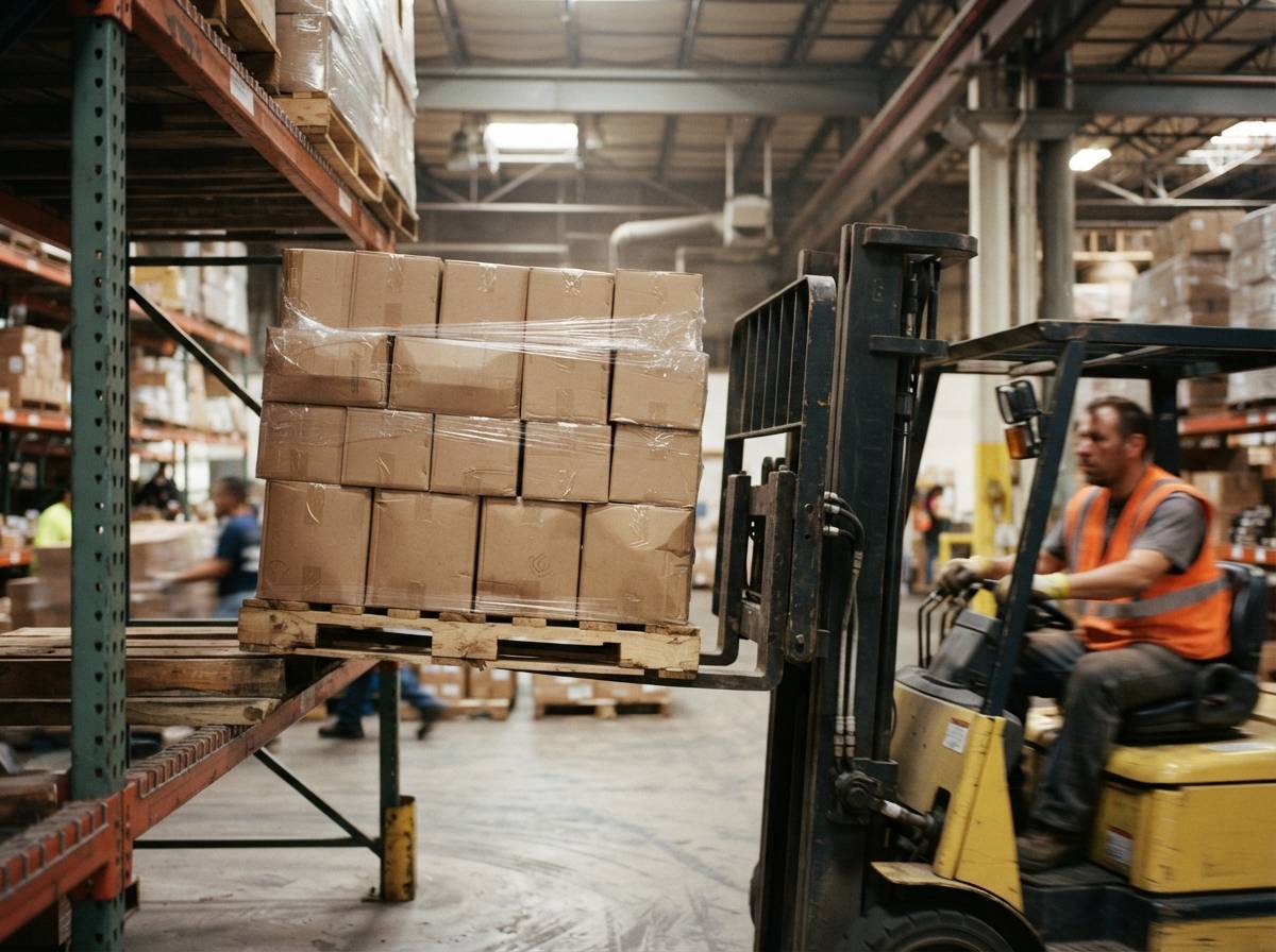 A forklift operator moves a pallet of boxed inventory inside a commercial warehouse.