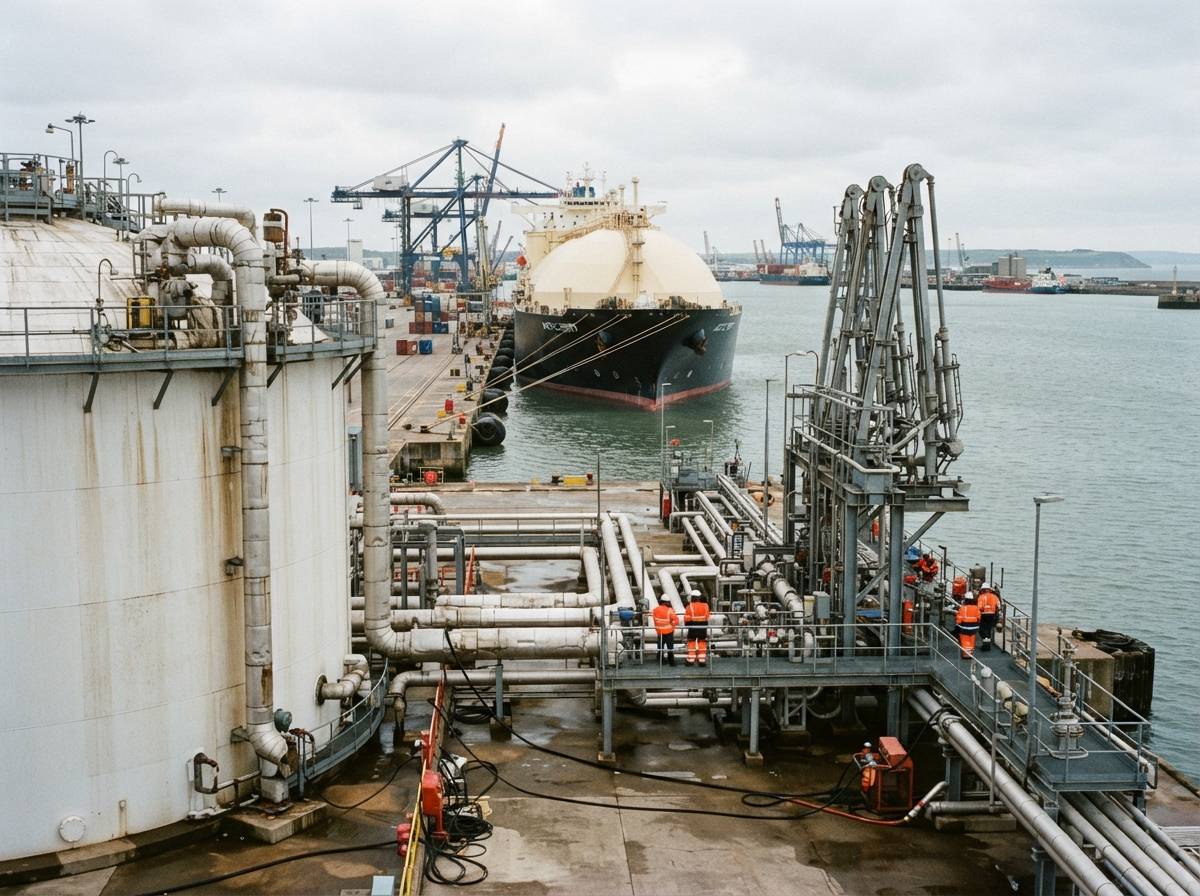 A gas import terminal at a European port with storage tanks and a docked cargo ship.