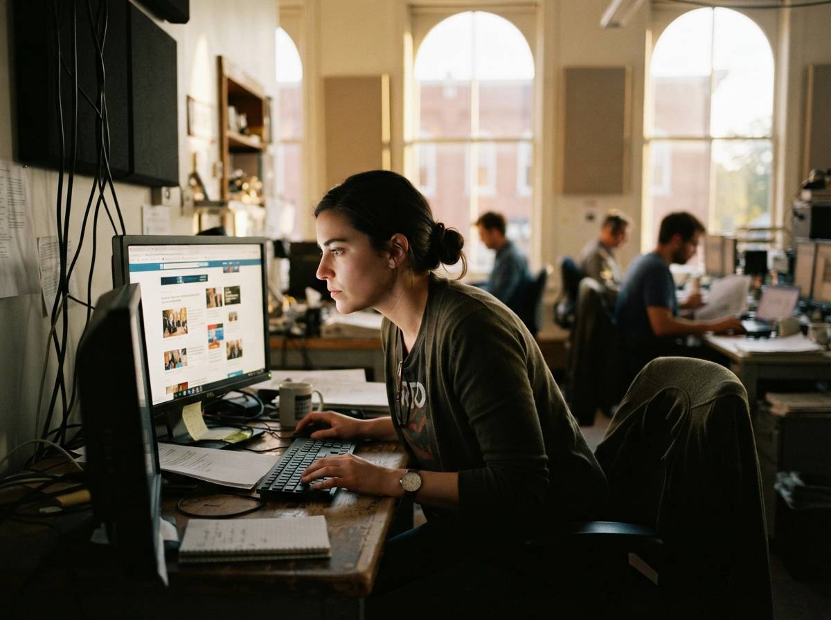 A journalist reviews multiple international headline sources on a monitor inside a busy newsroom.