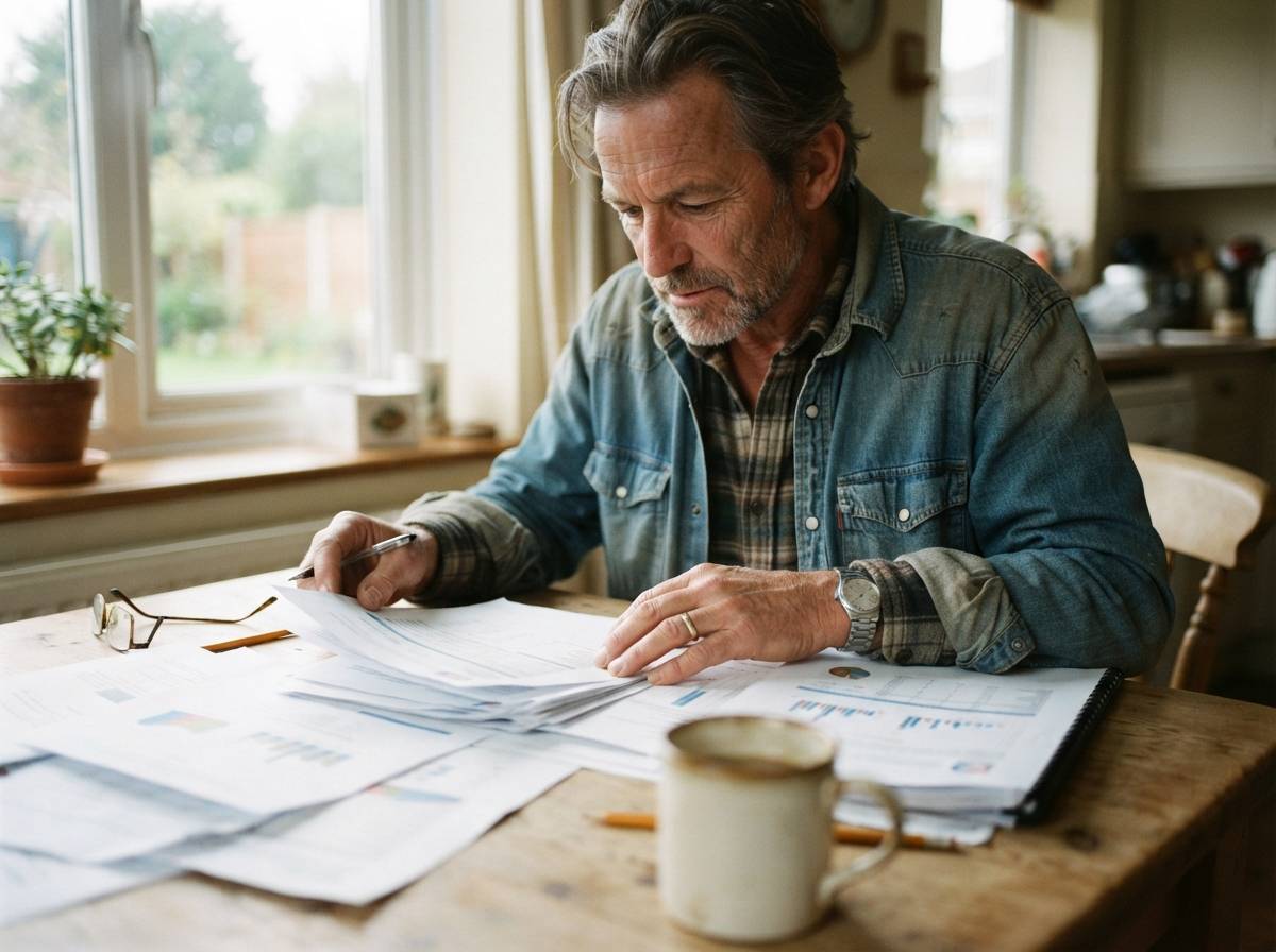 A landowner reviewing royalty statements and a reserve report at a kitchen table in the morning light.