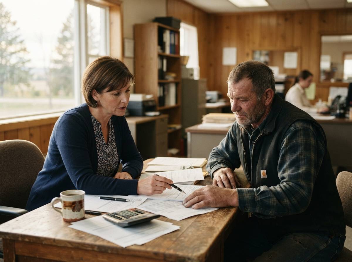 A loan officer and a farmer review agricultural loan documents at a desk.