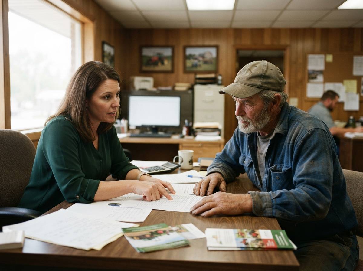 A loan officer and a farmer review financing documents together at a desk inside a rural credit office.