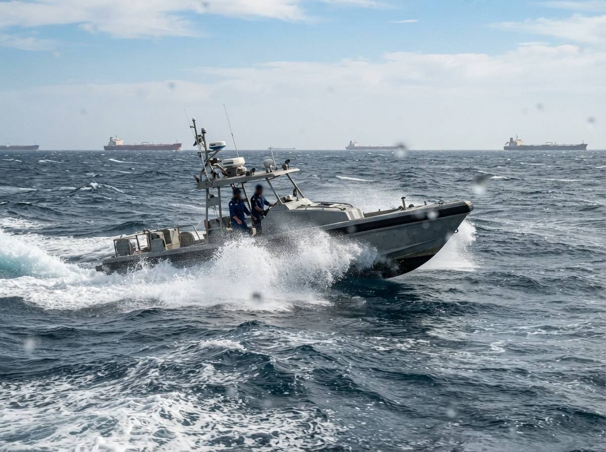 A patrol boat moves through Red Sea waters with tanker ships visible in the distance.