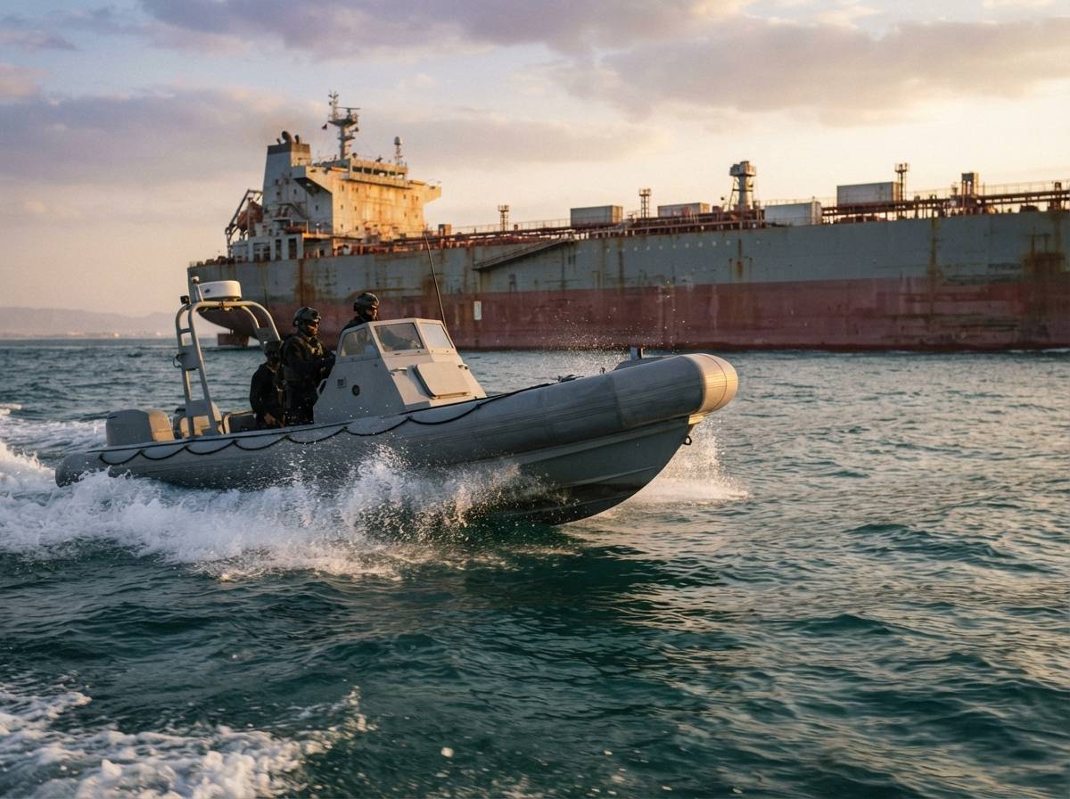 A patrol boat passes a commercial tanker in the Gulf of Oman.