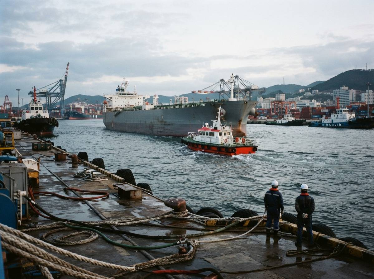 A pilot boat escorts an oil tanker through a South Korean harbor.