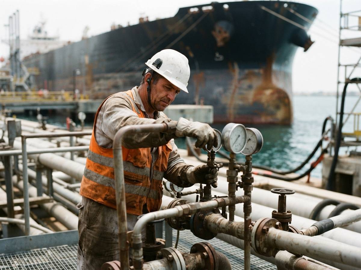A port worker inspects pipeline valves near an oil tanker loading berth.