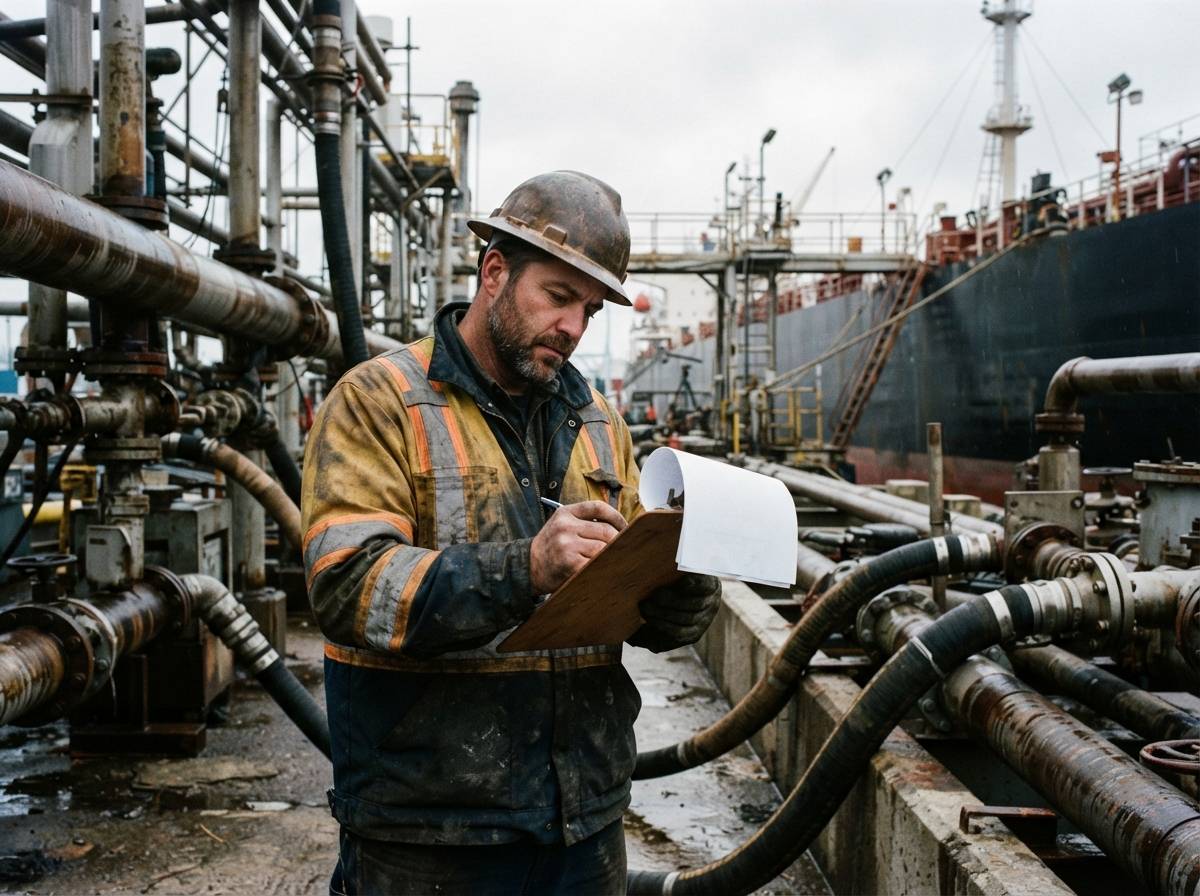 A port worker reviews paperwork near oil tanker loading pipes during the day.