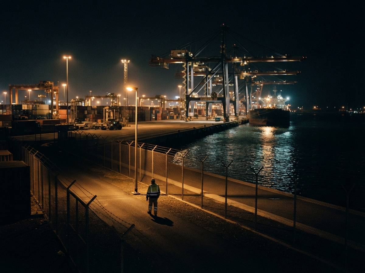 A port worker walks along a fenced perimeter at a floodlit LNG terminal at night.