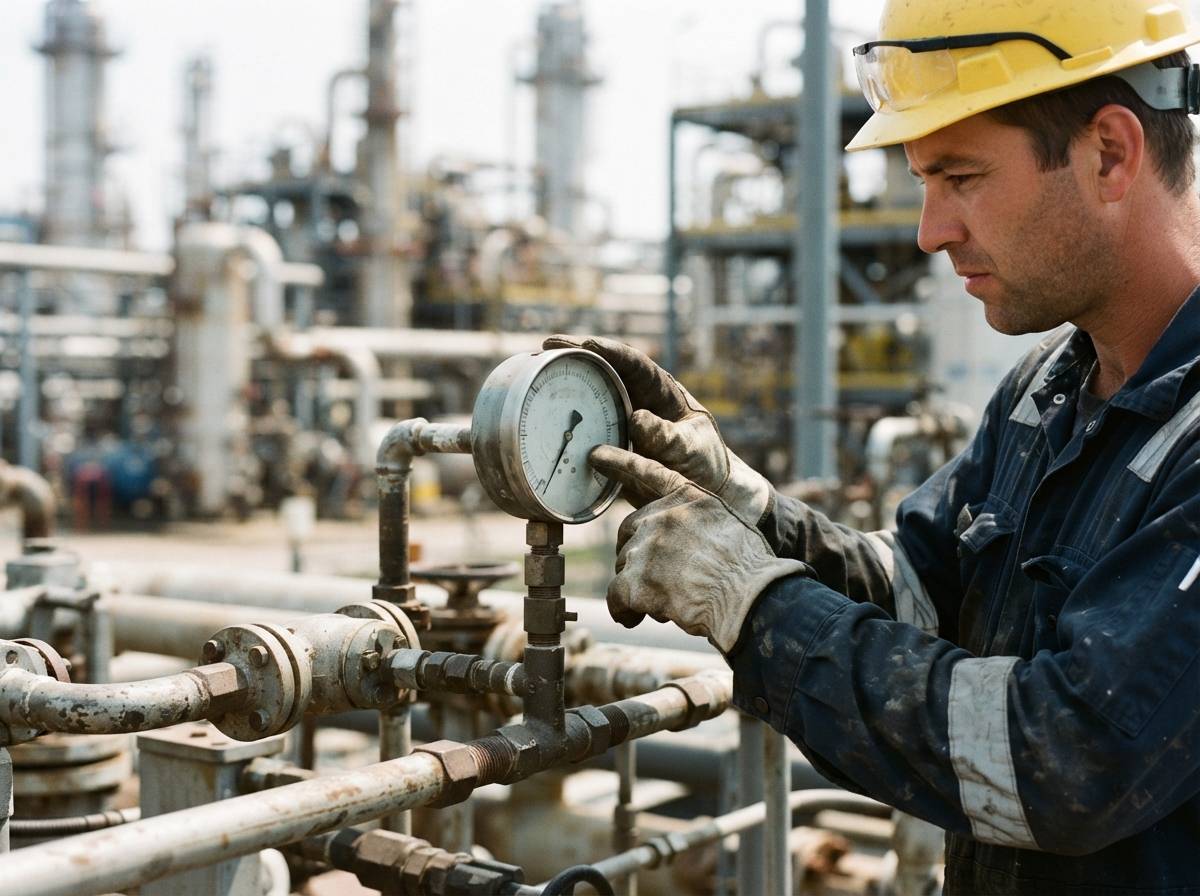 A refinery worker in a hard hat inspects a pressure gauge on industrial piping.
