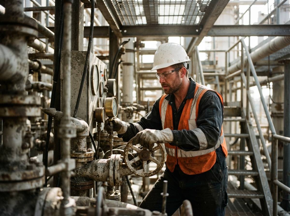 A refinery worker in a hard hat inspects equipment inside an oil processing facility.