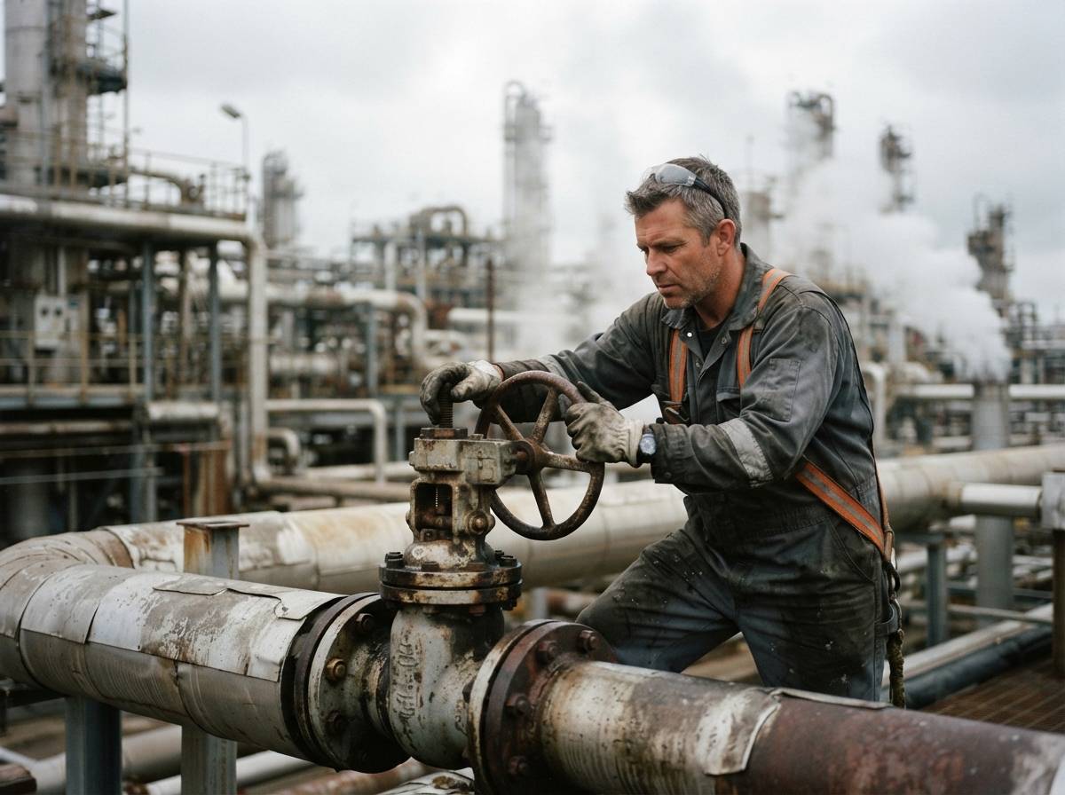 A refinery worker inspects industrial piping at an oil processing facility.