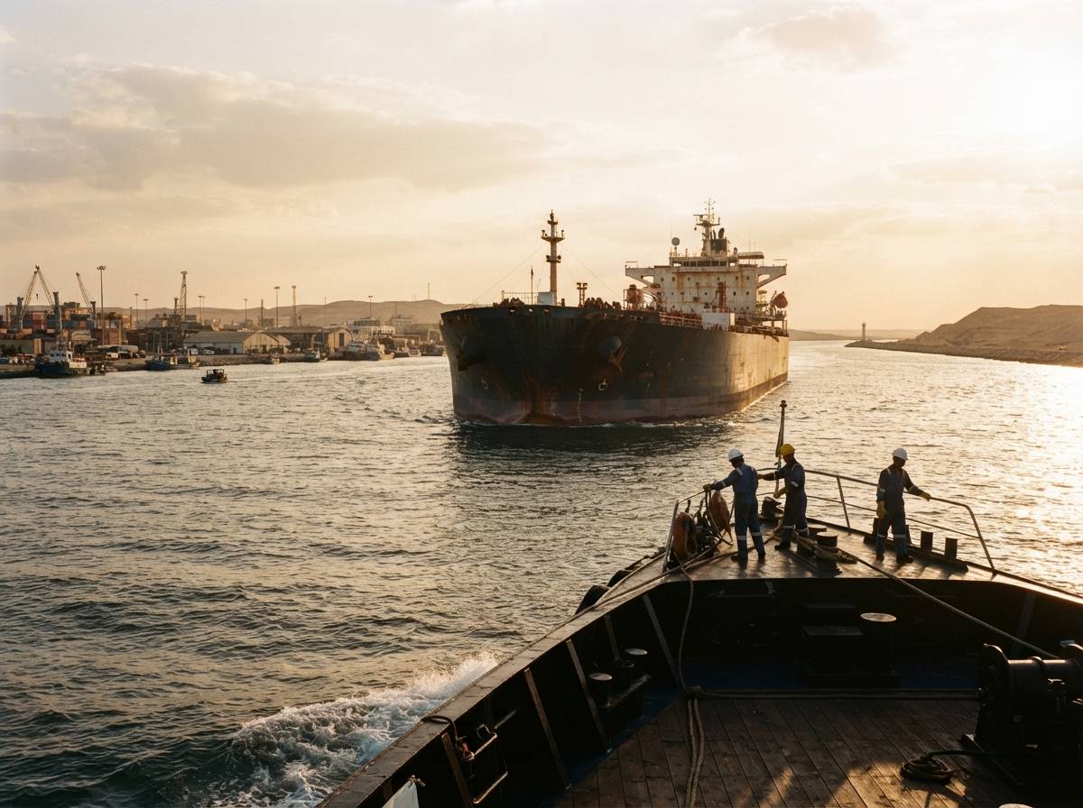 A tanker approaches the Suez Canal from the Red Sea in late afternoon.