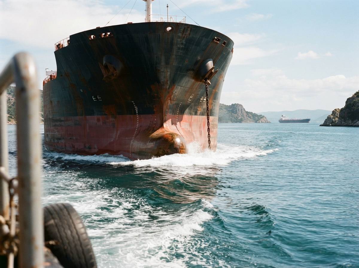 A tanker's bow moves through calm water in a narrow strait with another tanker visible in the distance.