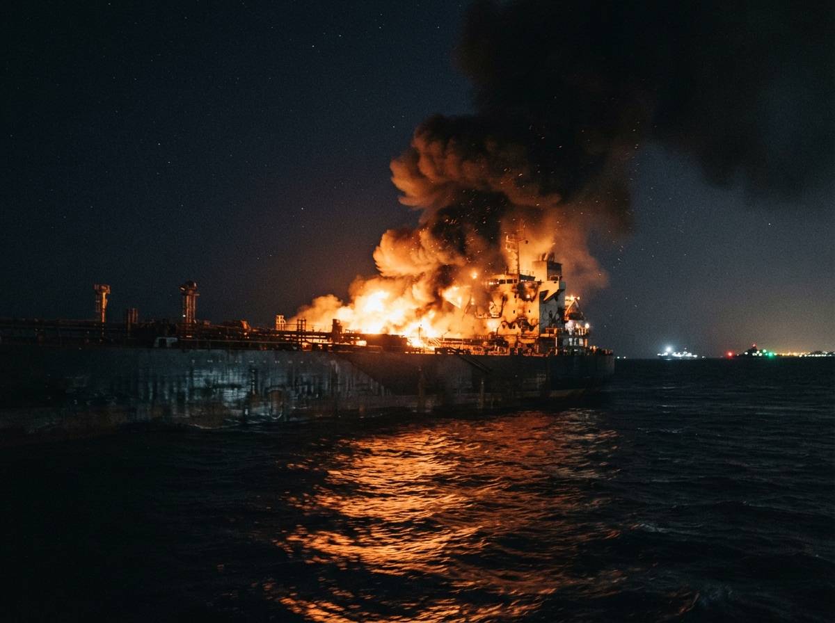 A tanker ship burning at night in the Red Sea with flames and smoke visible against the dark water.
