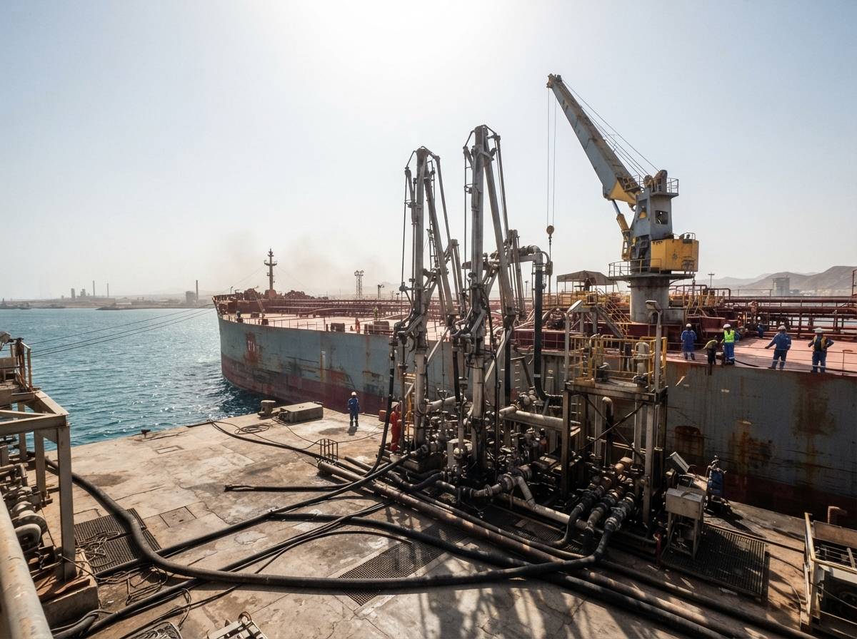 A tanker takes on crude oil at a Red Sea export terminal near Yanbu.