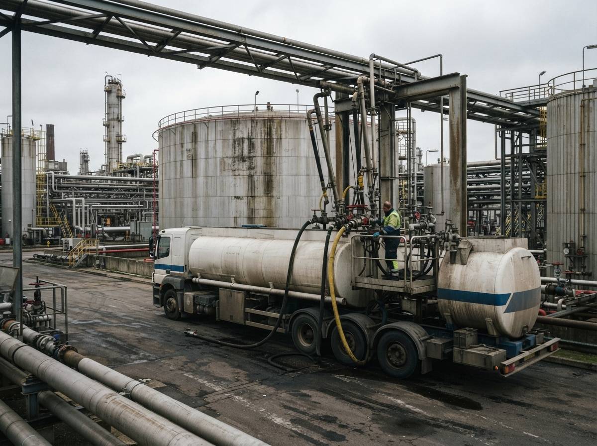 A tanker truck is loaded beside fuel tanks at a European refinery.