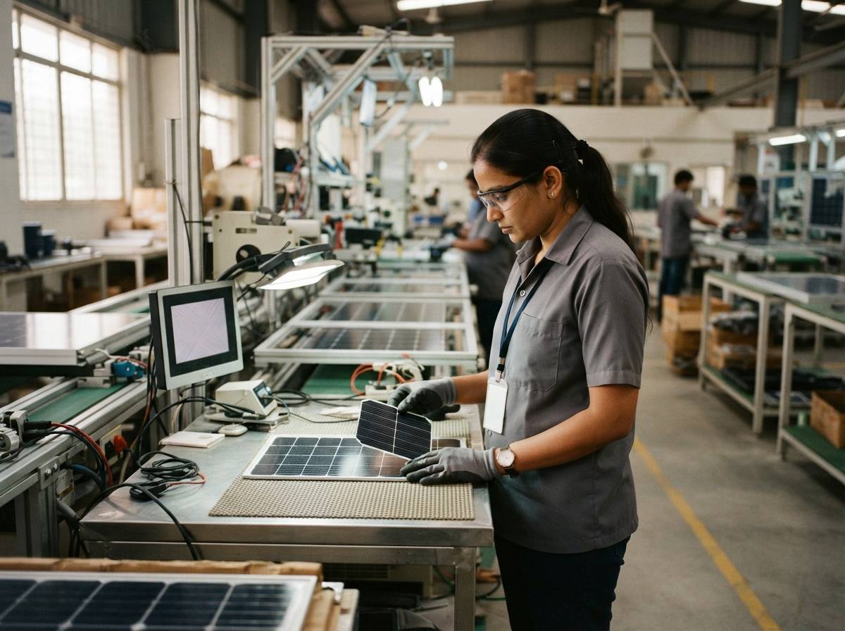 A technician inspects solar cells beside a module assembly line.