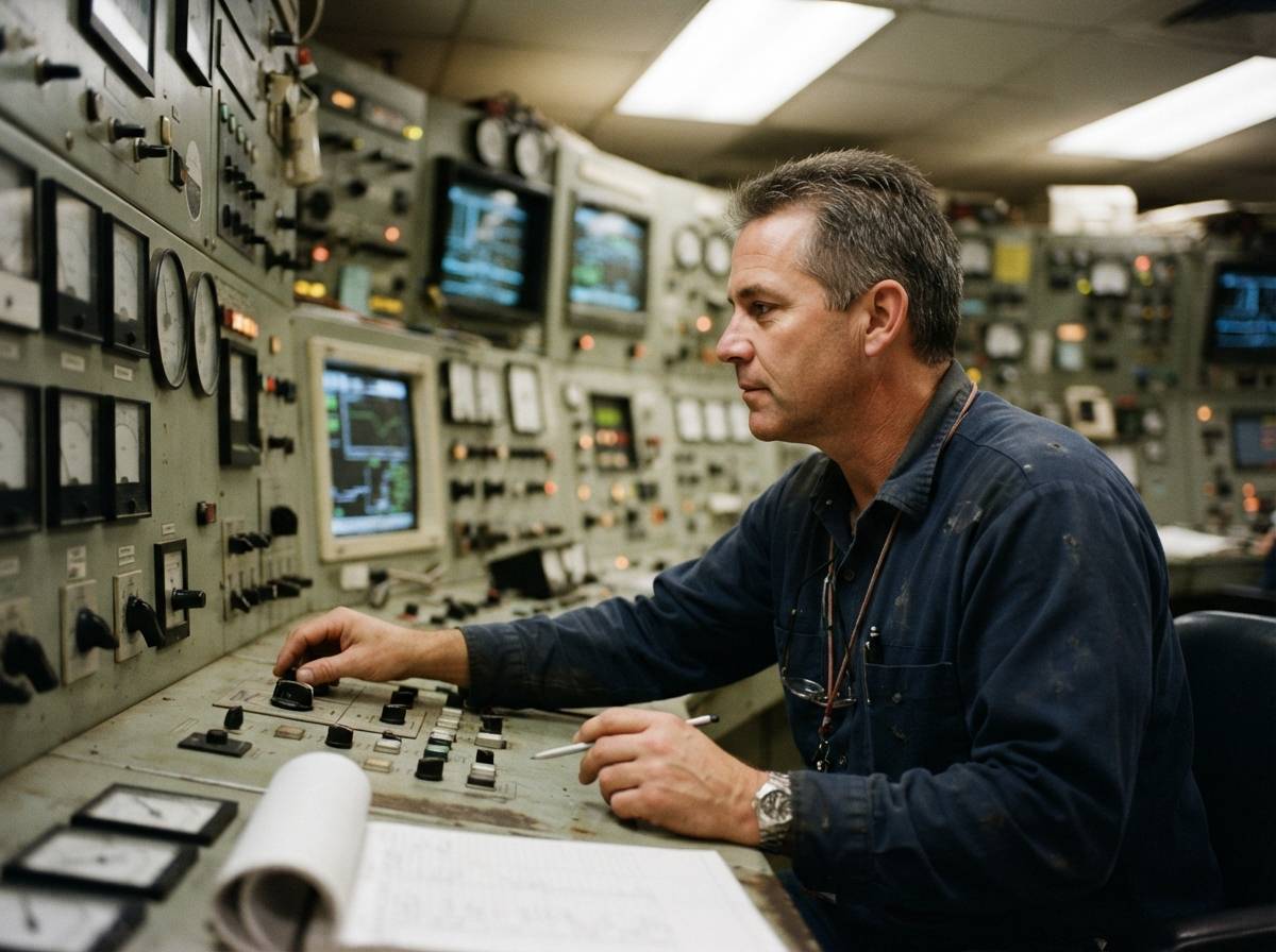 A technician monitors equipment inside the control room of a natural gas power plant.
