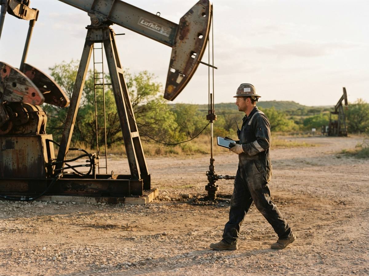 A technician walks beside a pump jack at a South Texas oil field.