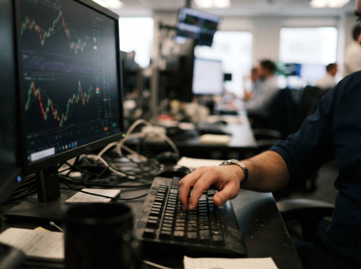 A trader reviewing crude oil futures data on a monitor at a trading desk.