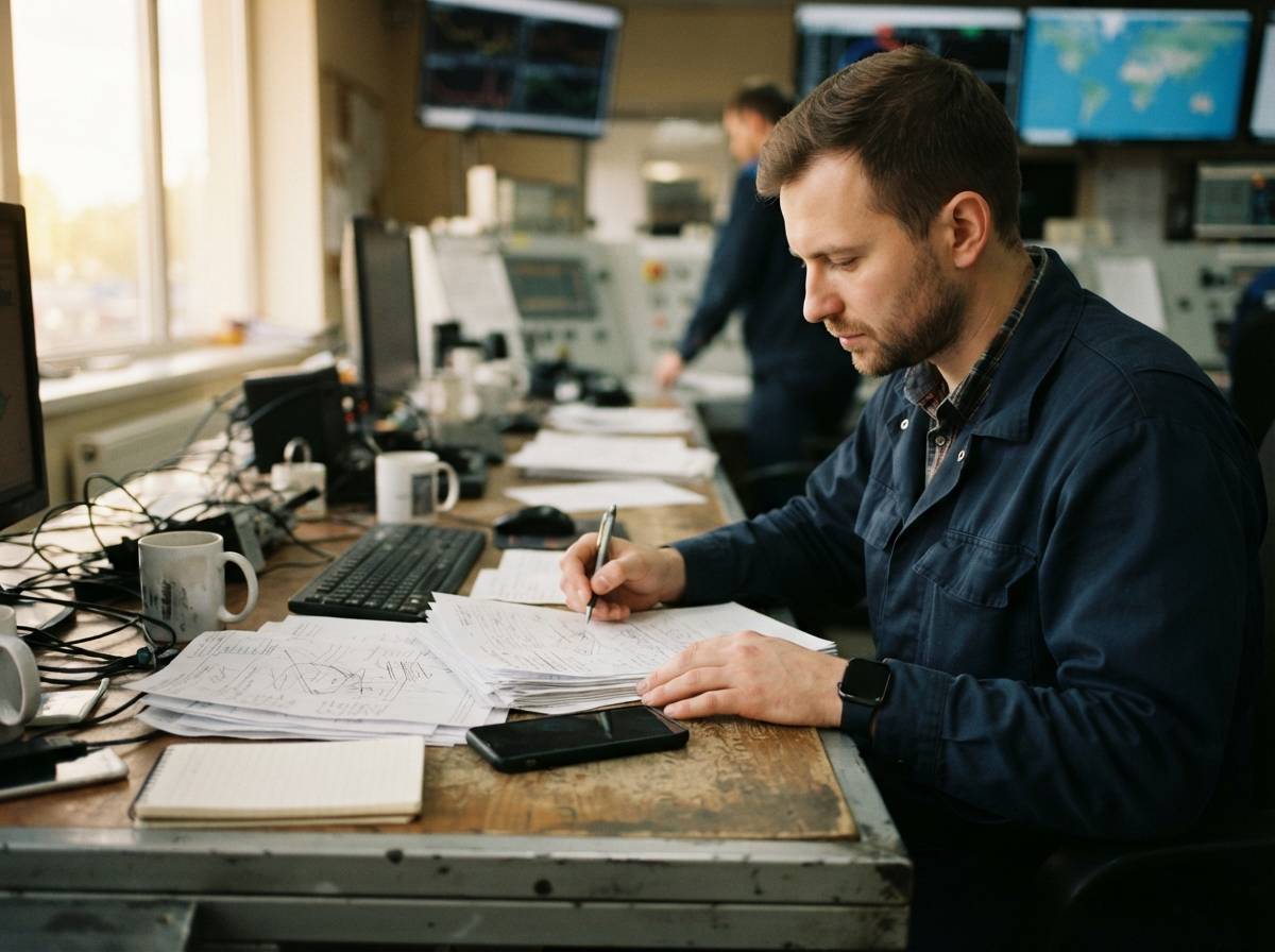 A trader reviews documents at a desk inside an oil facility office.