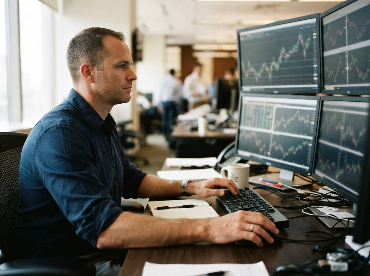 A trader reviews futures price charts on multiple computer screens.