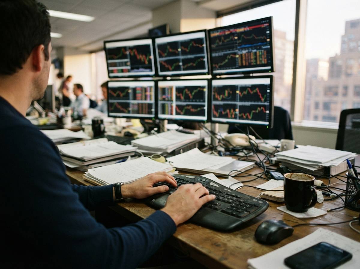 A trader's desk with multiple monitors displaying currency and commodity charts.