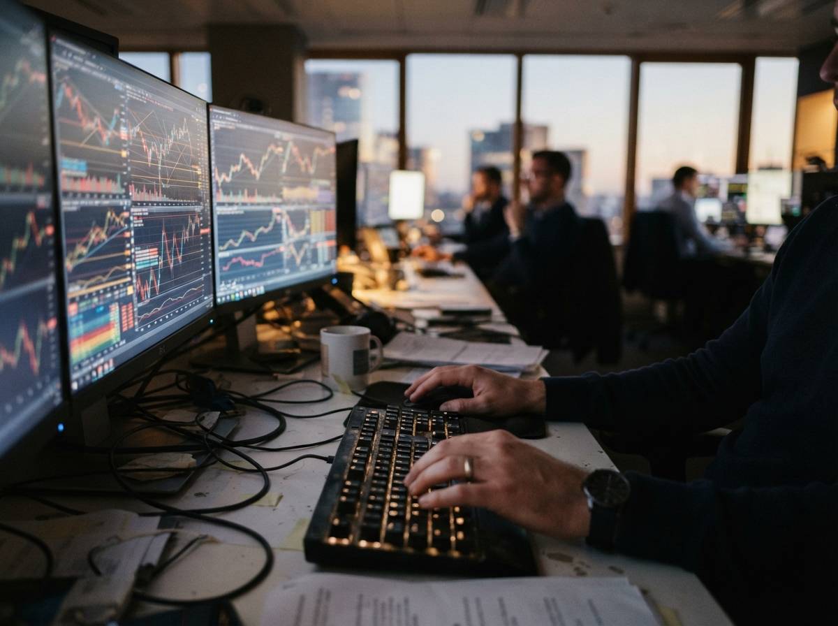 A trader's hands on a keyboard in front of multiple monitors showing commodity price charts in a dim office.