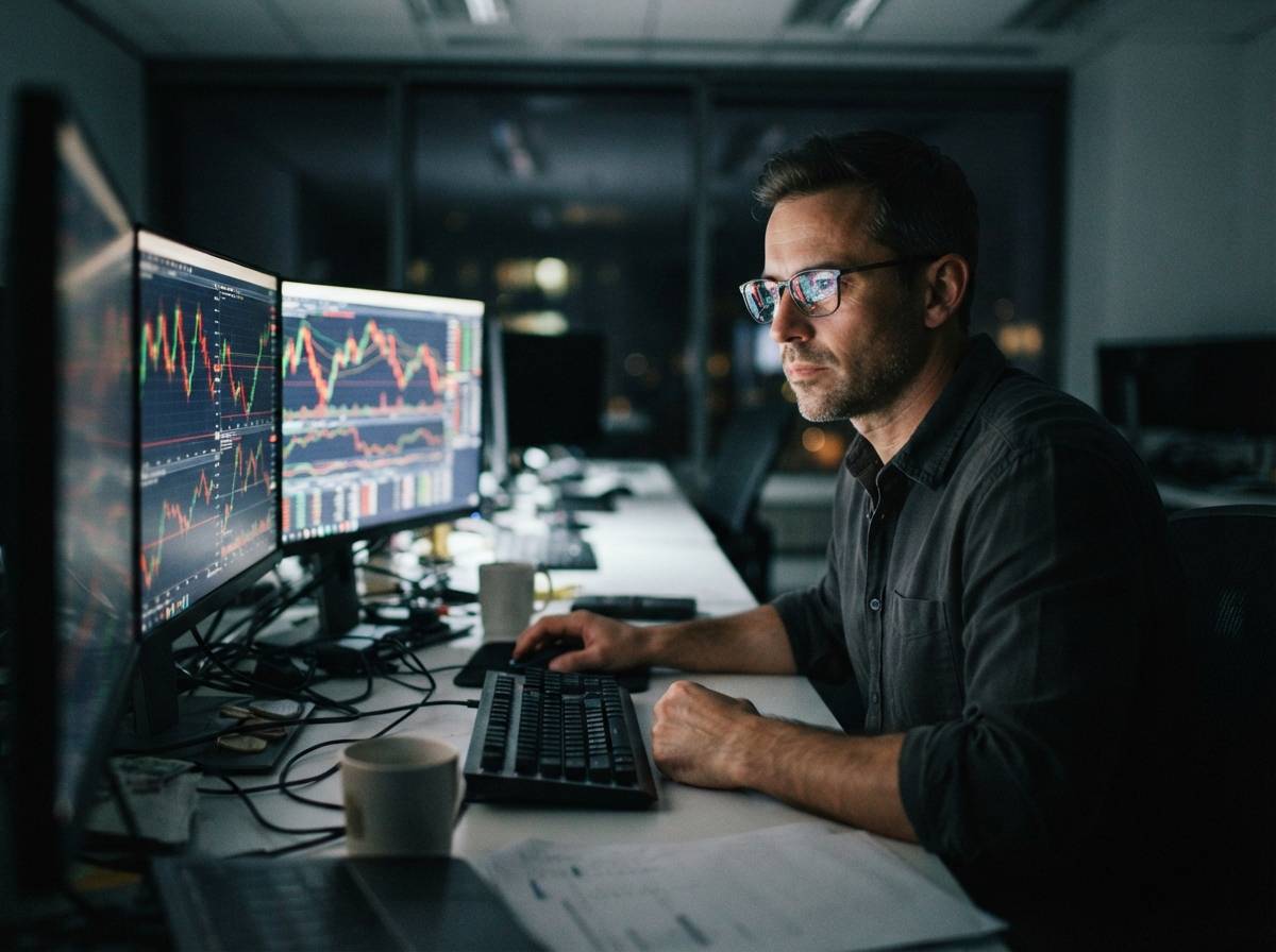 A trader studies multiple screens showing oil price movements at a dimly lit desk.