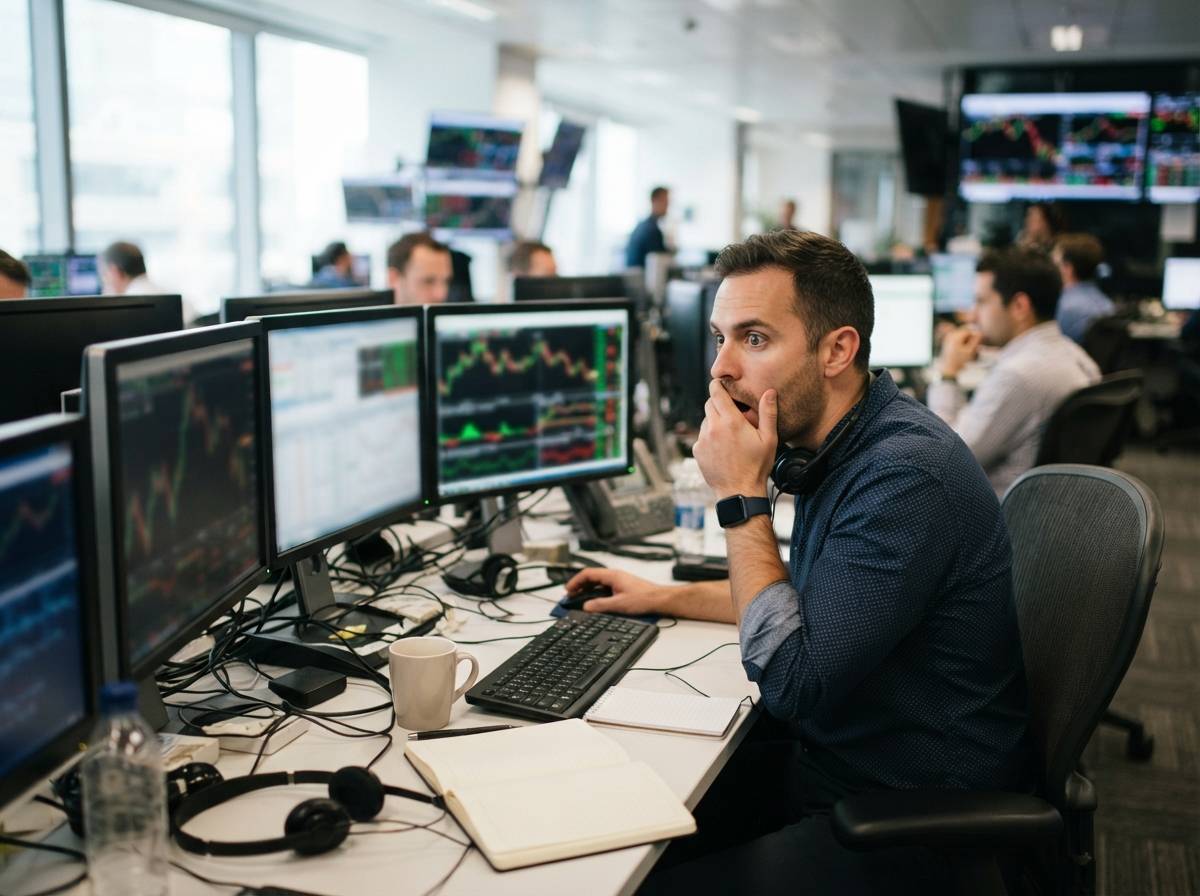 A trader watches oil futures prices spike on a computer screen at a trading desk.