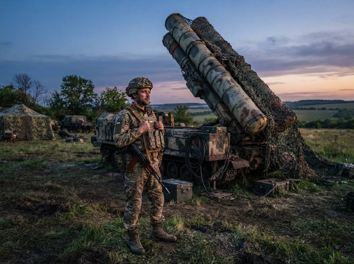 A Ukrainian soldier stands near an air defense missile system in an open field at dusk.