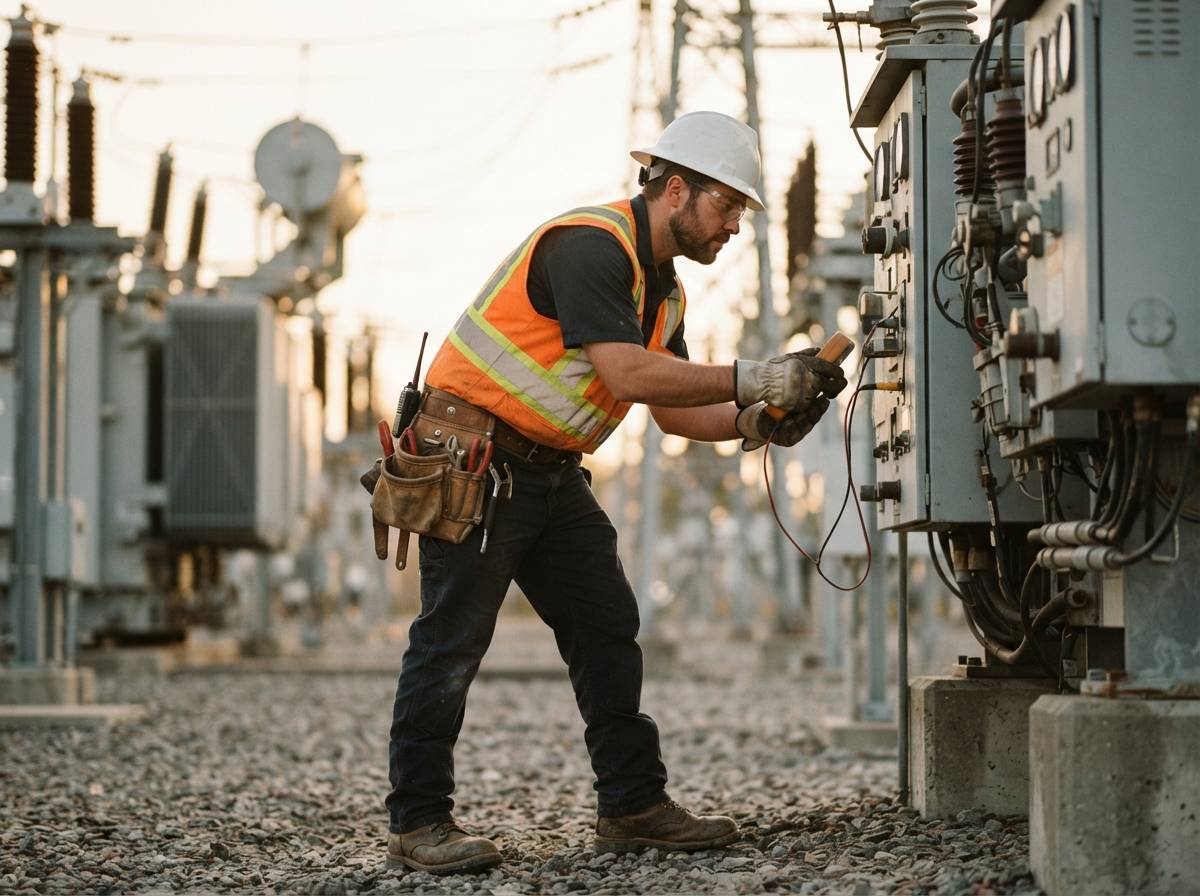 A utility worker inspects equipment at a power substation in the late afternoon.