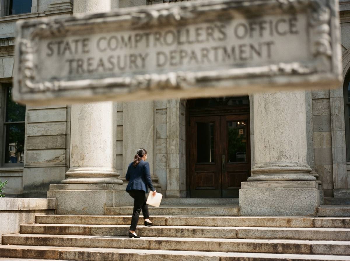 A visitor walks up the steps of a state treasury office building holding a folder of documents.
