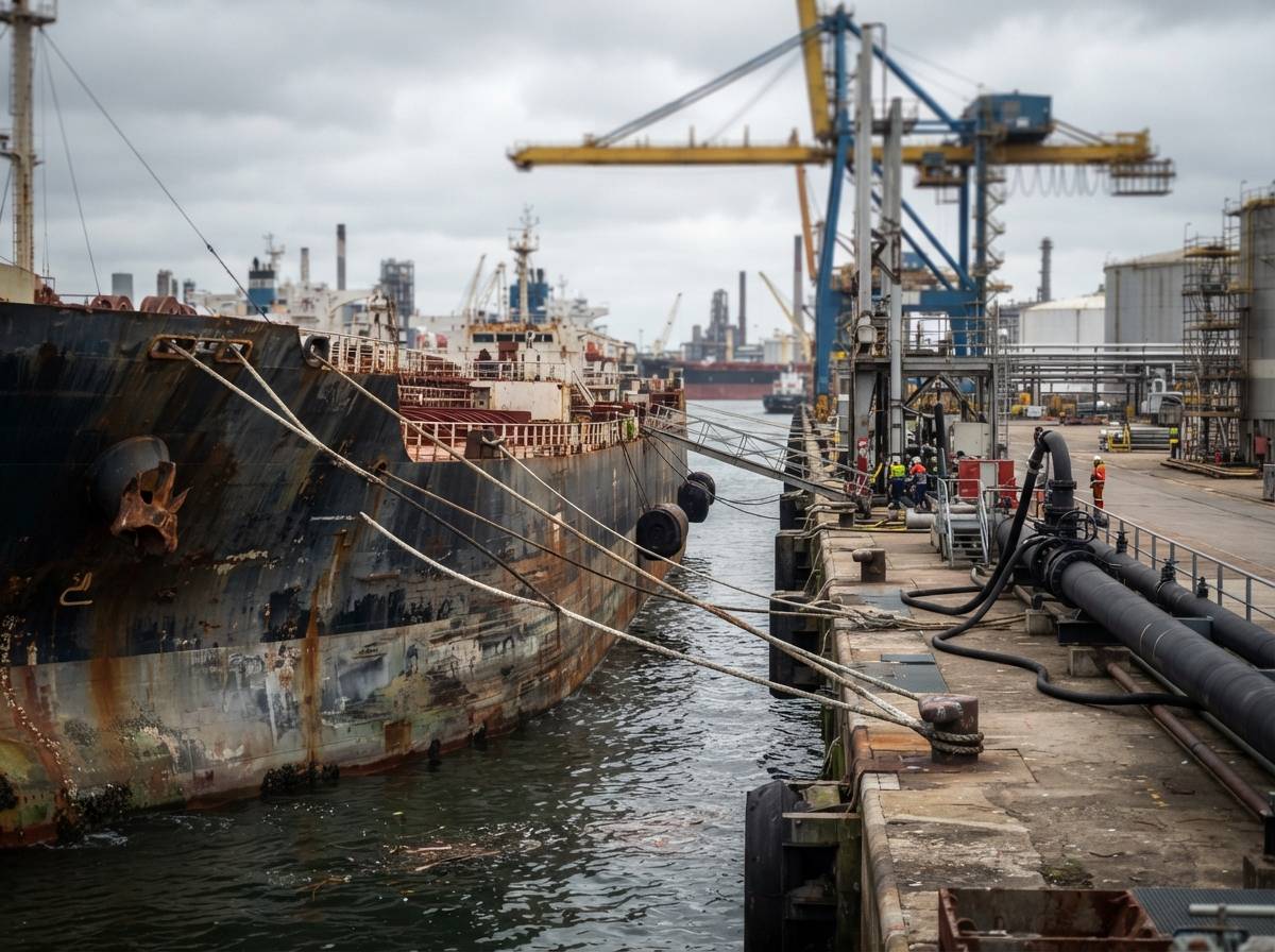 A weathered oil tanker moored at an industrial port terminal under overcast skies.