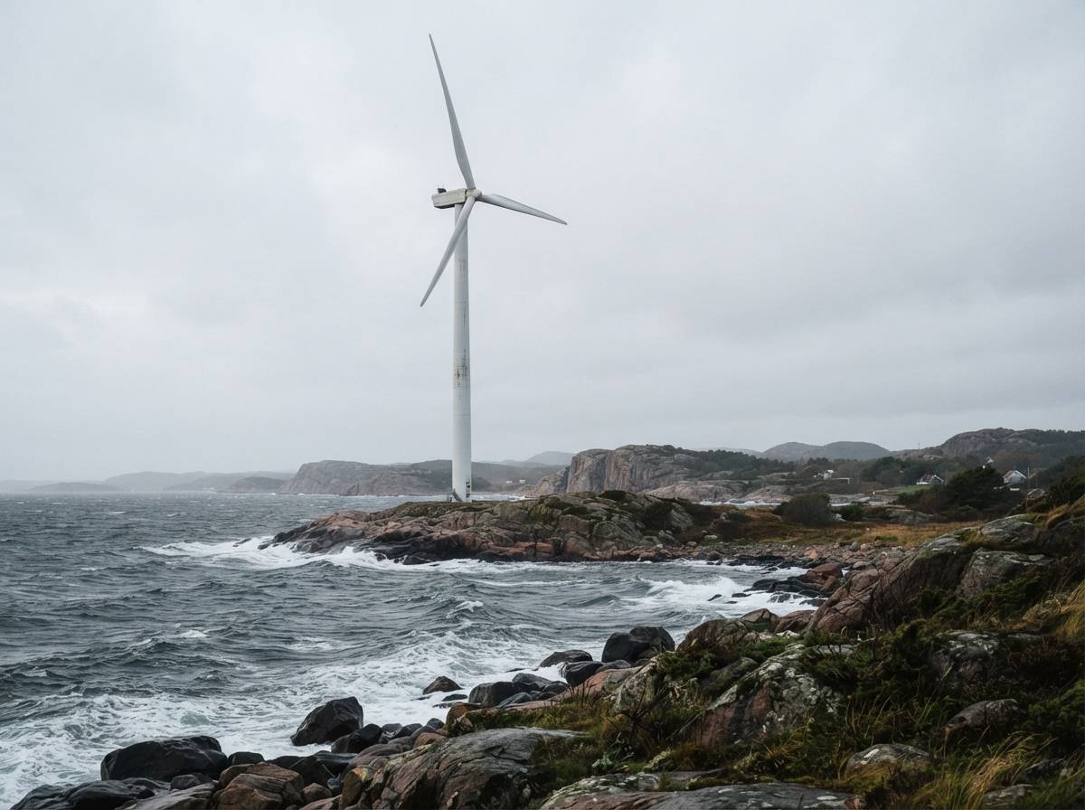 A wind turbine standing along a rocky Swedish coastline under an overcast sky.