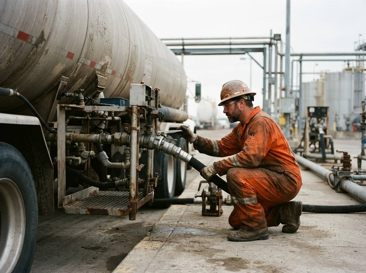 A worker checks a diesel loading connection at a fuel terminal.